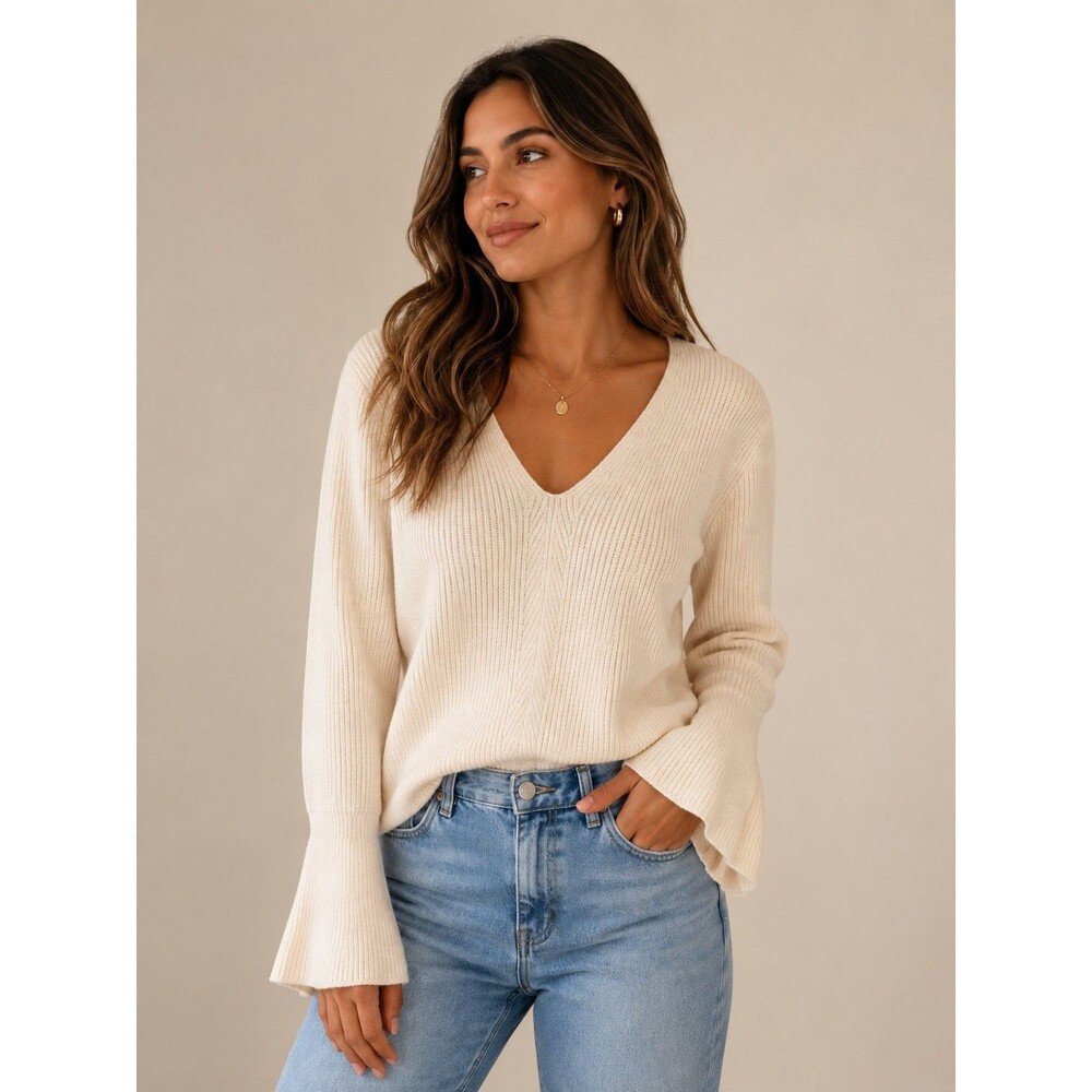 Nordstrom Signature Rib Knit Cashmere Bell Sleeve Sweater Women's Medium Ivory